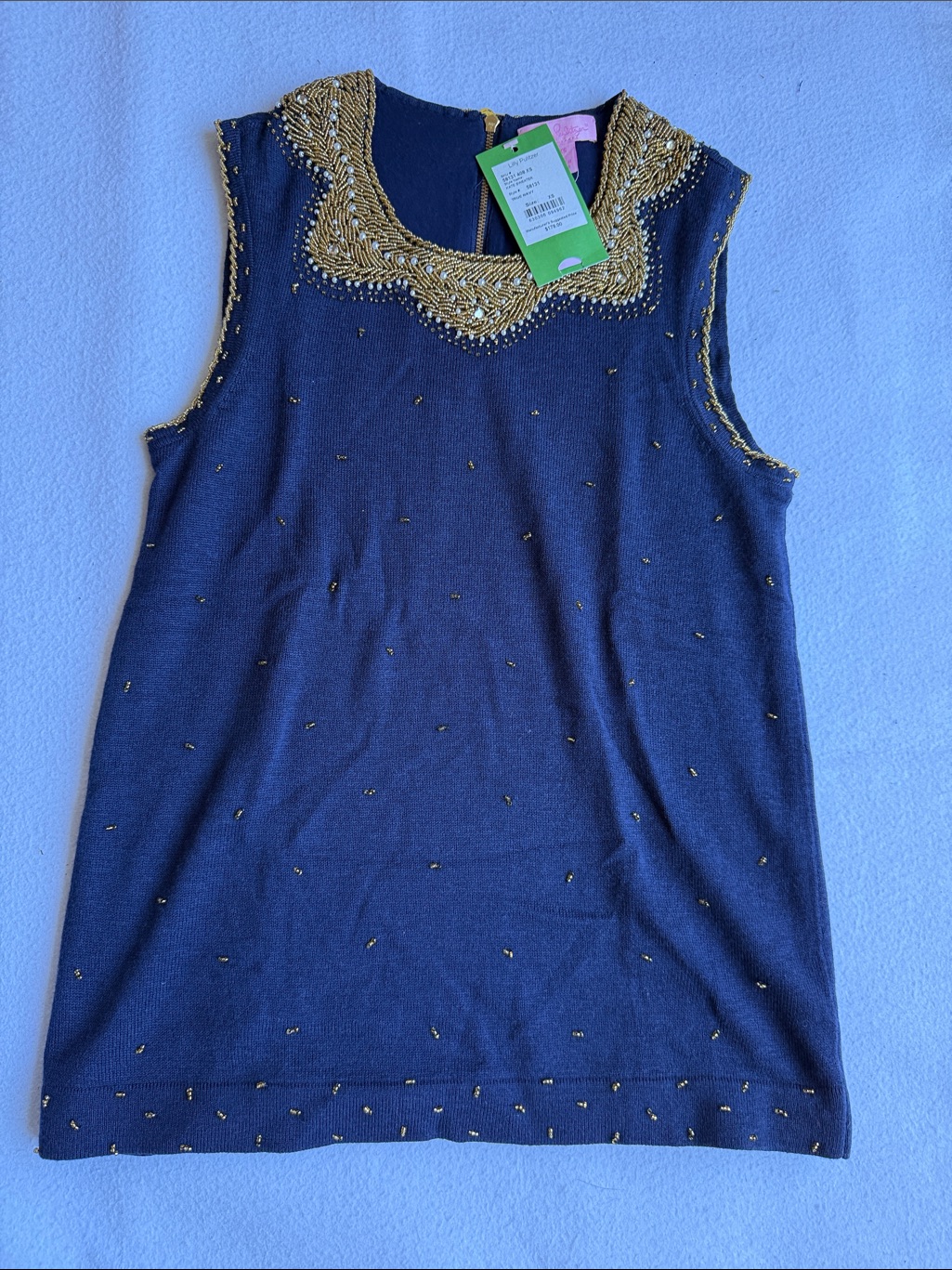 Lilly Pulitzer Kate Sweater True Navy Sleeveless Top With Gold Beaded Neckline